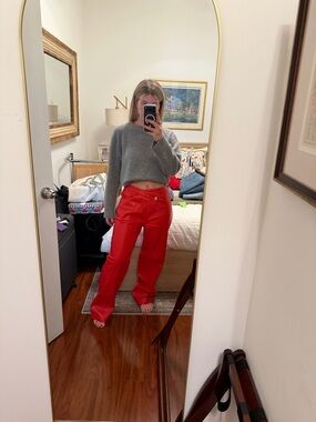 red leather low rise jeans